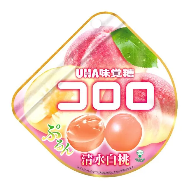 UHA Mikakuto Cororo Shimizu White Peach Fruity Gummy Snack - Fragrant Flavor, Contains Collagen, Glycerin & Cranberry Scent, Juicy Peach Treat, 40g