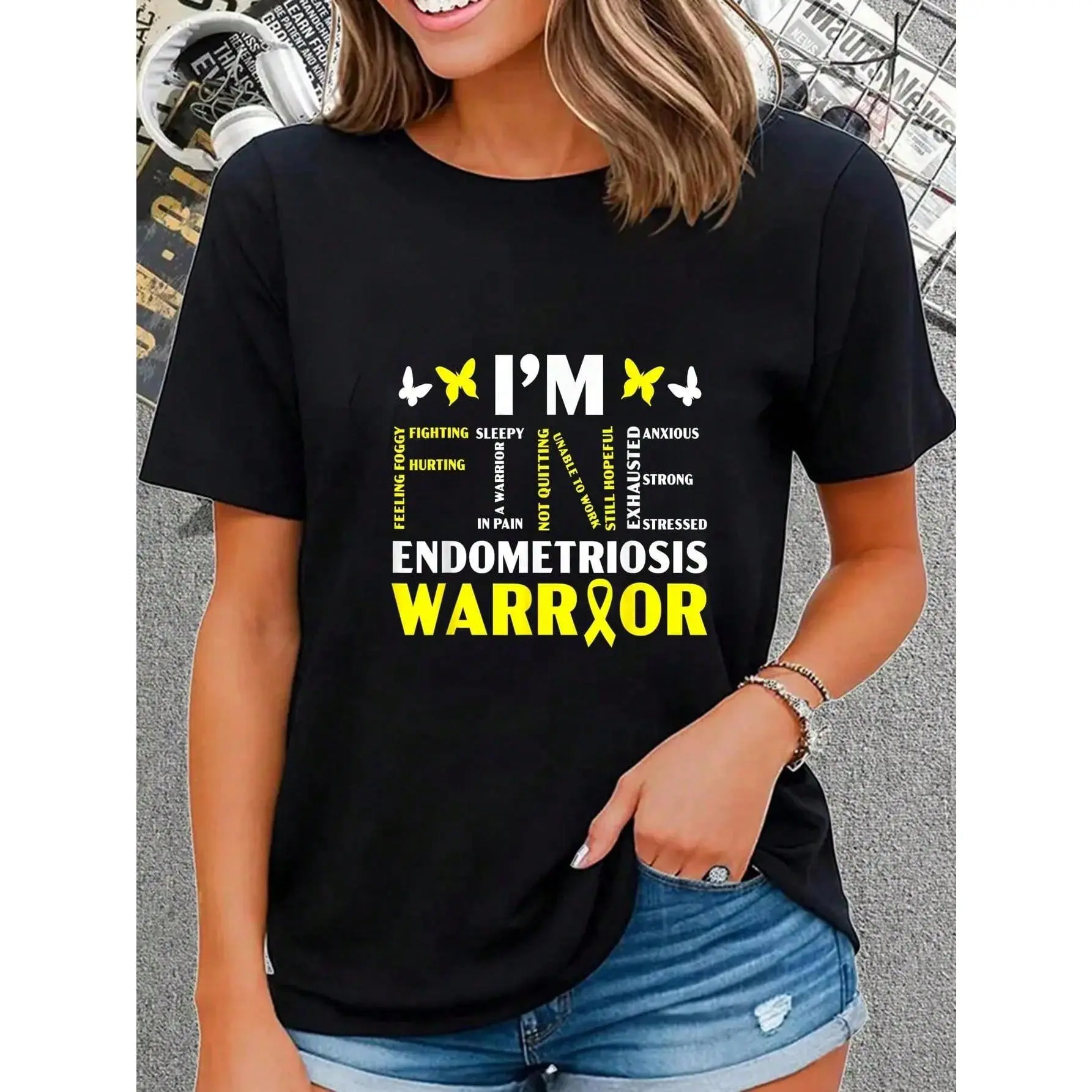 Women's 100% Cotton Endo Warrior Endometriosis Awareness Graphic T-Shirt - Round Neck, Shortsleeve, Knitted Fabric, Soft, Breathable, Loose Fit, Flower Print, Casual Streetwear for Daily Summer Wear, Top, Tshirt