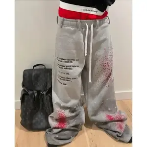 American Gothic Distressed Inkjet Letter Printing Double-Layer Sports Casual Pants Men's Loose Hip Hop Rap Street Fashion Pants Oversize Menswear Oversized Trouser Pocket Tractor pants men