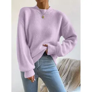 Elegant Lilac Purple Mock Neck Drop Shoulder Sweater Long Sleeve Knit Pullover for Women Casual Fall Winter Outfit Semi-Sheer Fabric Basic Style Knitwear Womenswear Regular Fit Semi-Sheer Fabric Crewneck Tops