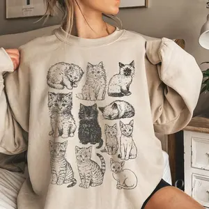 Vintage Cat Sweatshirt Retro Kitten Graphic Pullover Cozy Cottagecore Cat Lover Gift 90s Style Oversized Crewneck Cute Cat Mom Sweater