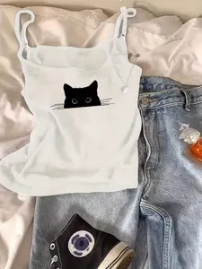 Women's Tight-Fitting Tank Top, Cat Head Print, Sweet Spicy Sleeveless Design, Casual Halter Neck Crop Top