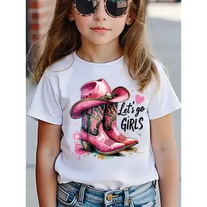 Fashion Vintage Girls Summer T-Shirt, Stylish Cowboy Boots Pattern Print T-Shirt, Let'S Go, Girls Letter Print T-Shirt, Trendy Toddler Girls T-Shirt, Casual And Light Comfortable Crew Neck Short Sleeve T-Shirt, Girls' Clothing