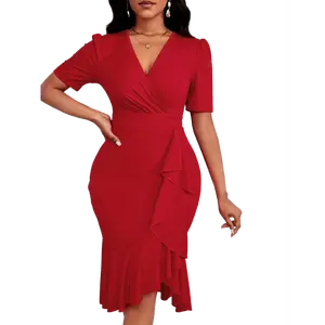 New temperament dress first love foreign style red vestido  largo bridal  gowns vestido de noche ✨ bridal  giveaway low  back  dress katch  me  set body  con easter  dress Elegant Fabric Polyester Womenswear Knitted Ruffle Solid  1  girl  2  outfits we