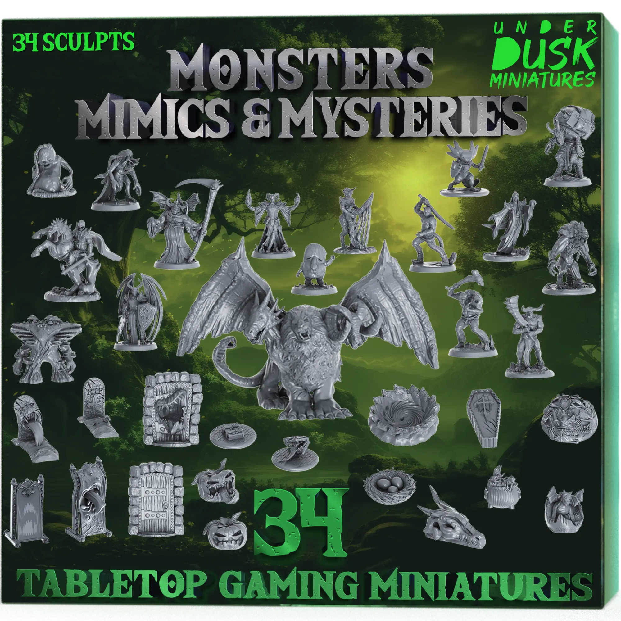 Underdusk Monsters, Mimics & Mysteries - 34 DnD Minis I Transforming Mimics I Stat Blocks Included I Tabletop Paintable Figures