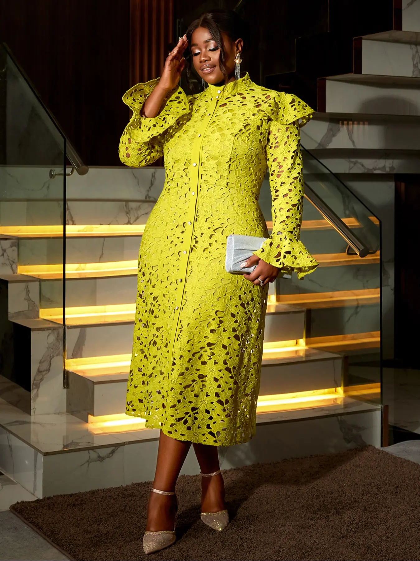 European and American plus-size womenswear lace coat dress with Button, Long Sleeve, semi-high neck cardigan with spaghetti straps, fashionable and elegant two-piece set Spring Outfit Elegance Lady