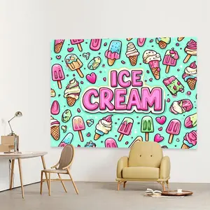 1pc 2D Flat Vibrant Ice Cream Shop Backdrop Durable Machine Washable Polyester with Colorful Ice Cream Sprinkles Design Perfect for Indoor Outdoor Parties Holiday Celebrations Ice Cream Party Decorations Banners White