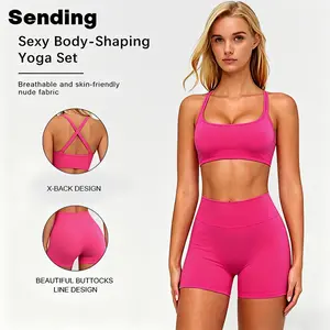 Aoqta Two-Piece Sporty Tracksuit Set - Hot Pink Racerback Bra & High Waist Shorts, Soft Elastic Fitness Outfits for Yoga, Workout, Indoor & Outdoor Activities,Women's Racerback Bra + High Waist Shorts, Breathable Gym Outfit