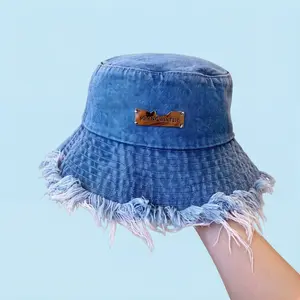 Women's Denim Bucket Hat, Spring/Summer Thin Washed Distressed Frayed Edge Sun Protection Popular Outdoor Wide-Brim Sun Protection Hat