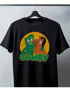Men's Pure Cotton Black T-Shirt: "Nostalgic Gumby and Pokey" Design