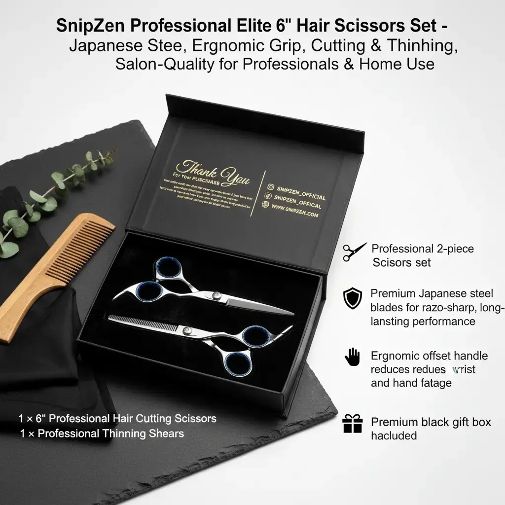 SnipZen Professional Pro 6" Hair Scissors Set - Japanese Steel Blades, Ergonomic Grip, Cutting & Thinning Shears, Salon-Quality, Premium Gift Box for Professionals, Home Use