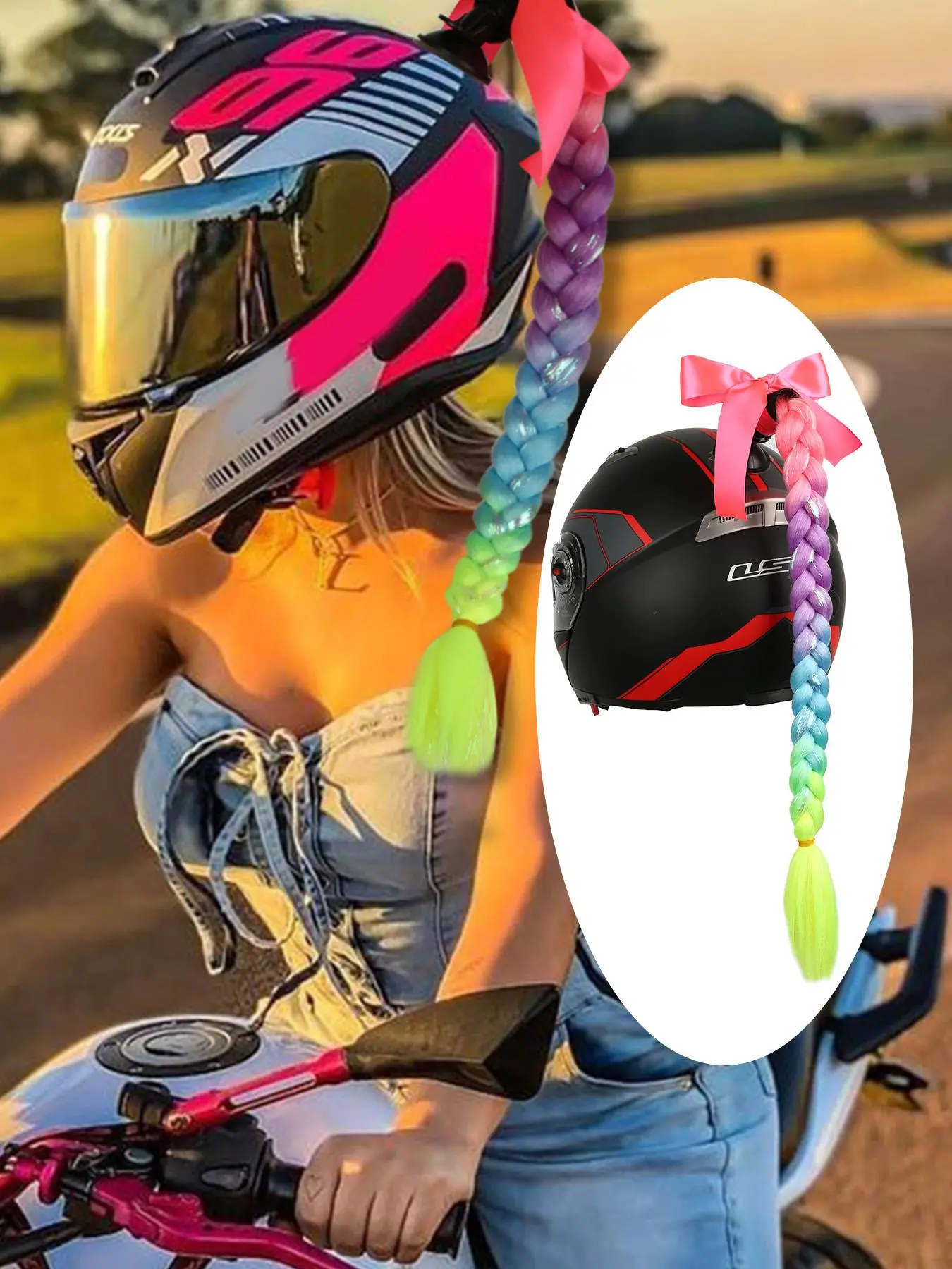 20 Inch Colorful Glitter Vibrant Bow Decor Hair Braids, Ombre Color Helmet Hair Extensions, Helmet Braids with Detachable Suction Cup, Motorcycle Motorbike Helmet Braided Ponytails