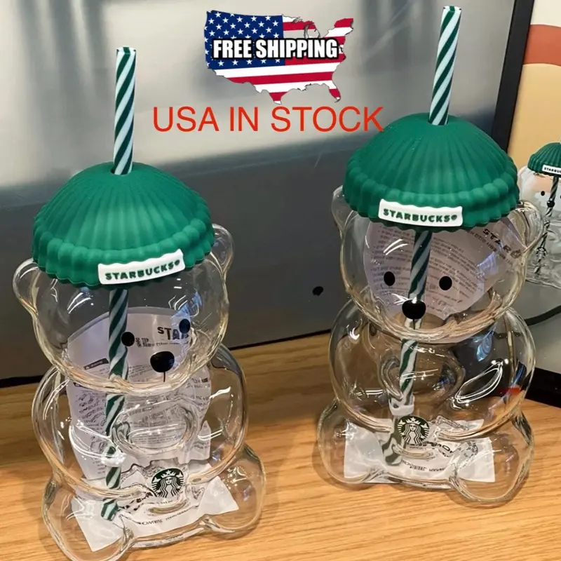 Starbucks 2025 Bearista Bear Glass Jar Cold Cup Tumbler with Straw Holiday Christmas Edition Adorable Bearista Bear Design for Iced Coffee Tea Soda