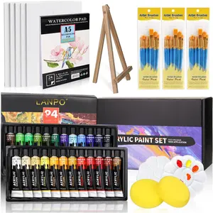 Painting Kit -  Supplies Set with 24 Colors, 30 Brushes, 5 Canvases, 1 Pad, 2 Palette, 2 Sponge & 1  Easel - Art   Set for Beginners, , Adults