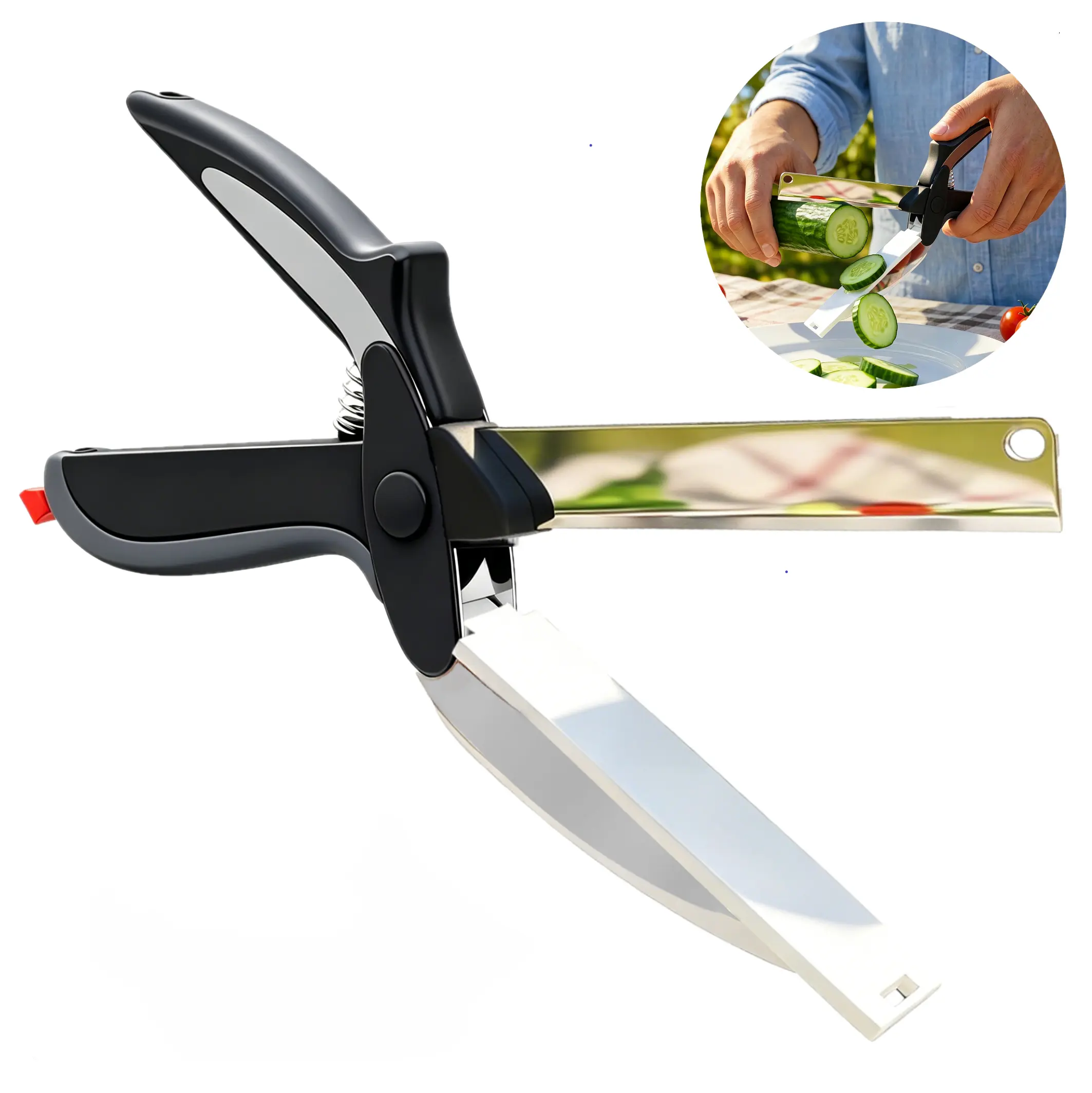 2 in 1 Kitchen Scissors for Food – Stainless Steel Blade & Plastic Cutting Board Scissors with Safety Lock | 9.6" Tomato Knife, Fruit & Vegetable Cutter – Easy-to-Use Kitchen Shears for Meat, Cheese