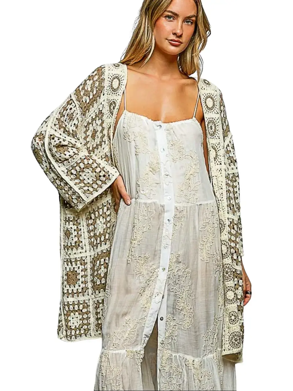 POL Women's Boho Granny Square Crochet Cardigan - Normal Type, Relaxed Loose-Fitting 3/4 Sleeve Open Front Duster Knitwear, Geometric Bohemian Style, Clean Finish Polyester Clothes