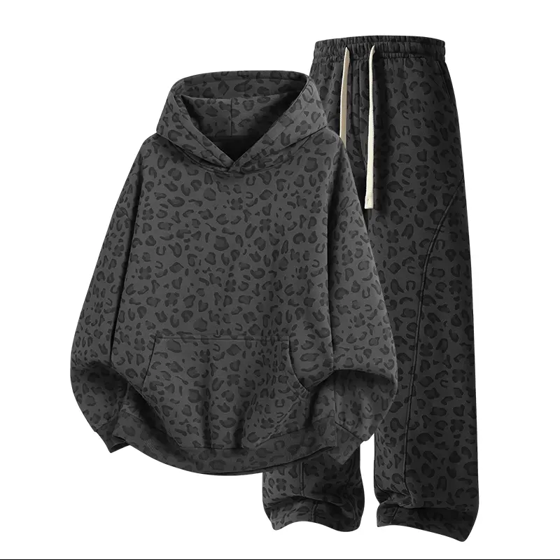 Unisex Cotton 2-Piece All-Over Leopard Print Streetwear Set - Loose-Fit Hoodie & Wide-Leg Pants, Casual Unboxing Gift, Multiple Colors Unisex Cotton 2-Piece All-Over Leopard Print Streetwear Set - Loose-Fit Hoodie & Wide-Leg Pants, Casual Unboxing Gift, Multiple Colors
