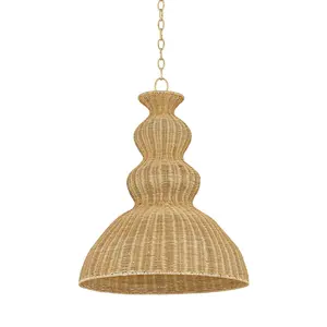Mayla Large Pendant Light - Woven Rattan Shade with Aged Brass Chain, Coastal-Inspired Elegance