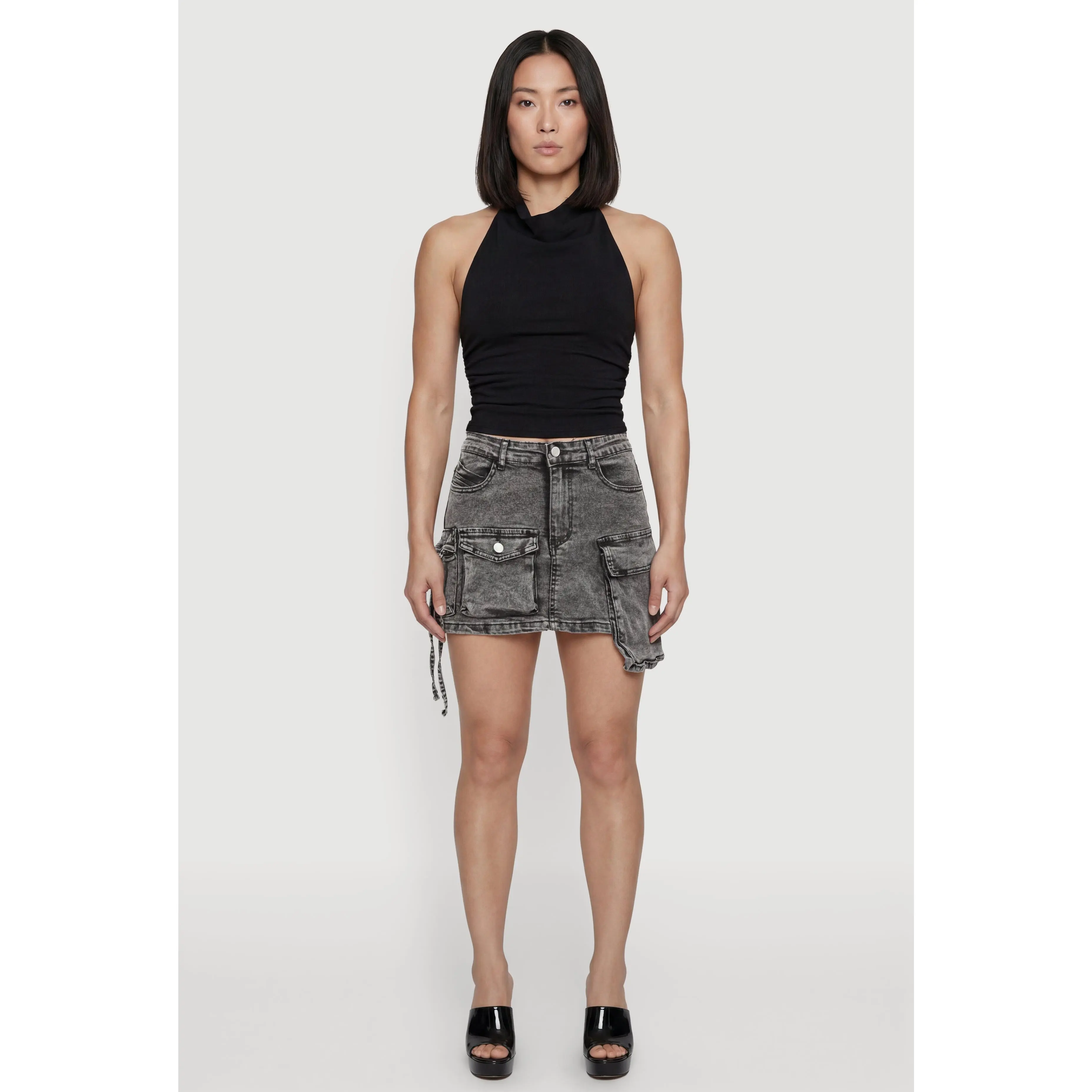 Acid Wash Denim Mini Utility Skirt