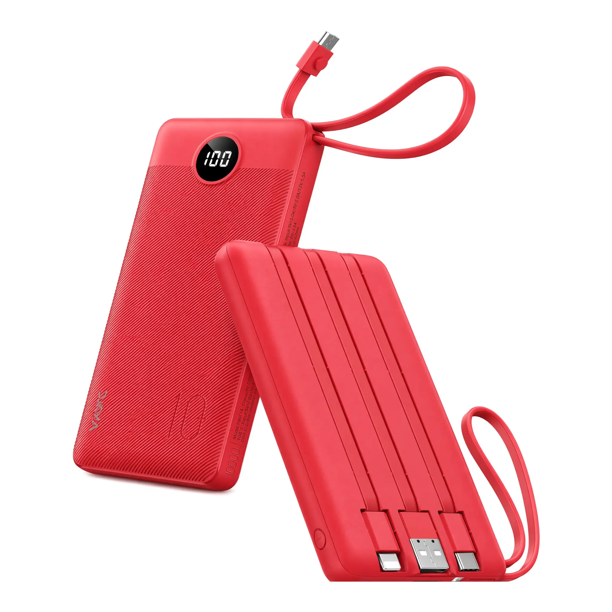 VRURC 10000mAh Portable Rechargeable Power Bank, Travel Battery Pack with 4 Built-in Cables, LED Display for iPhone, Samsung, iPad, Smartphone, Mobile Accessories (Red)