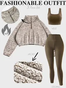 Women's Sportswear Set Fall Winter Warm Fleece Three-Piece Jacket + Sexy Top + Elastic Comfort Yoga Pants Outdoor Training Running Sports Suit Yoga Clothes Set Elegant Gym Outfits Workout Sets Sportswear Clothing
