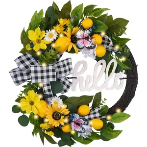 24'’ Collapsible Pre-lit Spring Summer Lemon Wreath for Front Door, Lighted Yellow Sunflower Wreaths with Hello Sign & Ribbon, Farmhouse Home Porch Wall Kitchen Amalfi Coast Decor