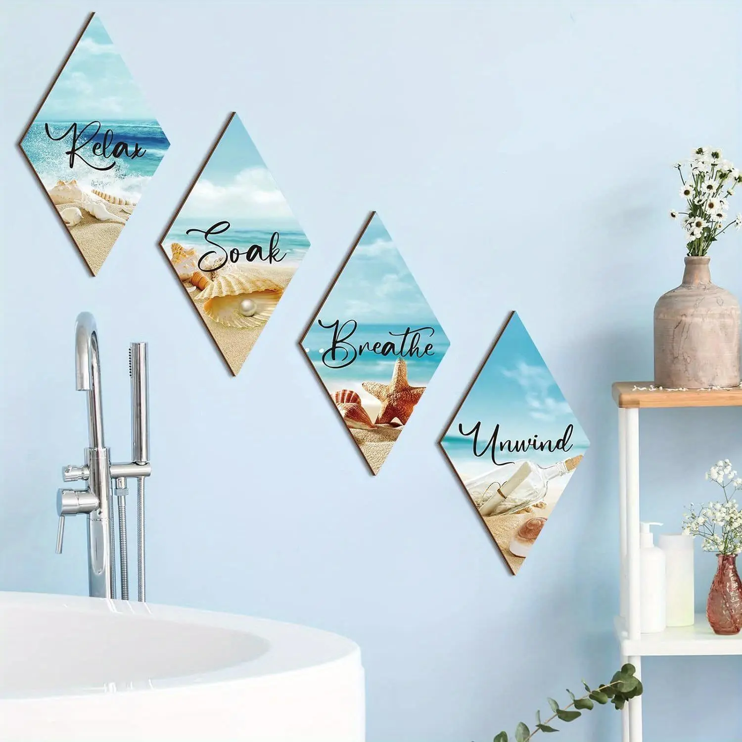 Summer Theme Beach Shells Pattern Wooden Hanging Sign, Coastal Decor, 4 Counts/set Relax Unwind Soak Breathe Wall Decor, Wall Art for Home Living Room Bedroom Decor, Room Decoration Ornaments, Home Decorative Ornament, Home Decor Supplies