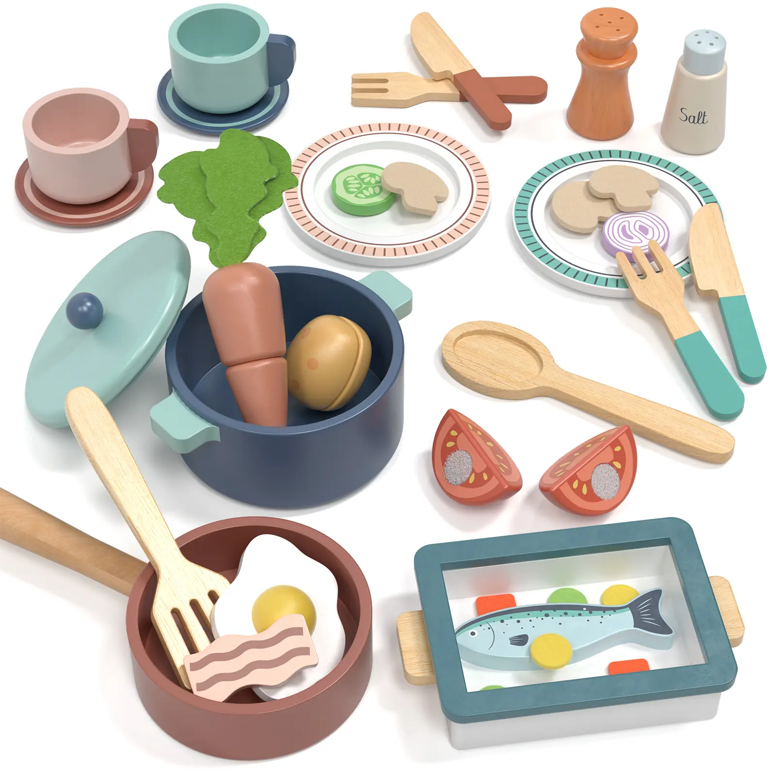 Lehoo Castle Pretend Play Kitchen Toy With Pots And Pans, Wooden Food Play Sets For Kids, Cooking Utensils Cutting Food Fruits Vegetables Pretend Kitchen Playset Toddler Cooking Playset