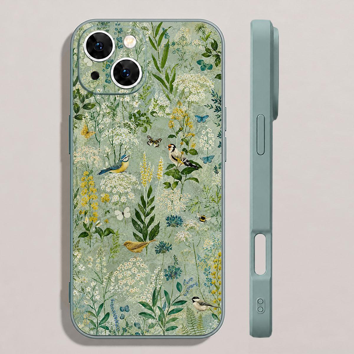 Wildflower Songbird Garden Silicone Shell Phone Case - Botanical Art, Waterproof, Slim Protective Sage Meadow Cover with Bee for iPhone 17/16/15/14/13/12/11/X Plus Pro Max - Bird Lovers Mobile Accessory Gift