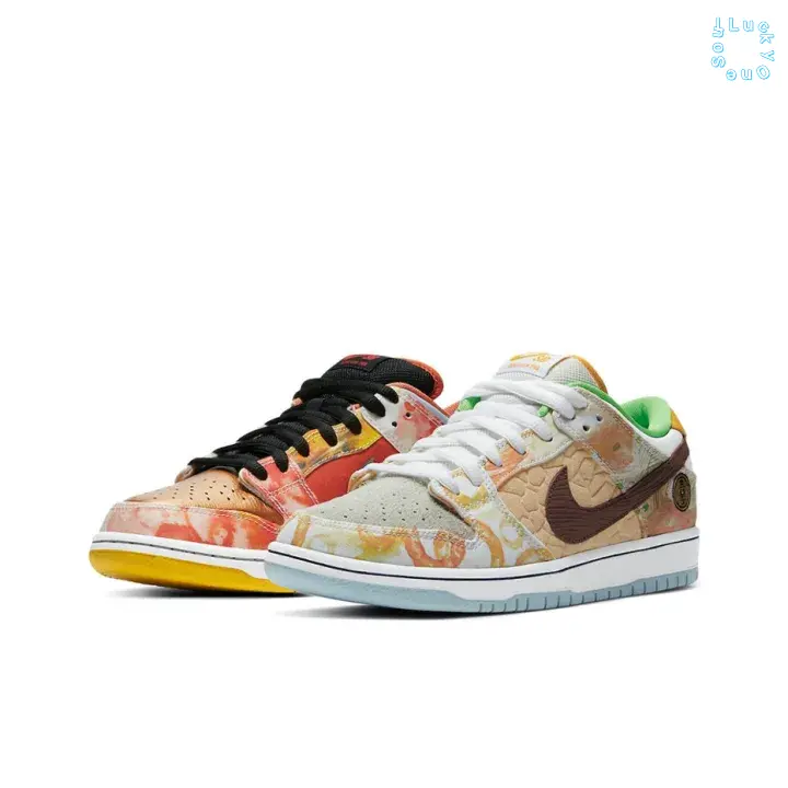 Mismatched Low-top Skate Sneakers | Watercolor Printed Embossed Suede Upper with Contrast Color Laces and Collar Lining | Multi-tone Colored Flat Rubber Outsoles for Daily Street Outfits