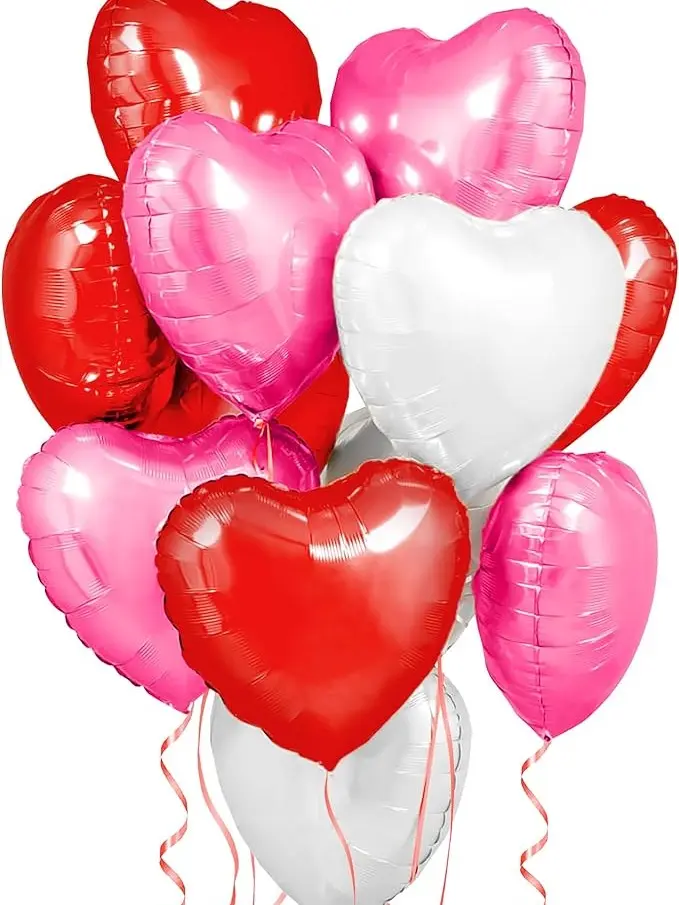 Heart Shaped Foil Balloons Set - Pack of 12 | Red, Pink and White Heart Shaped Balloons, I Love You Balloons | Romantic Decorations Special Night | Heart Balloons, Galentines Day Decorations