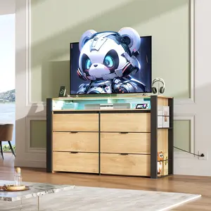 WLIVE 6 Drawer Dresser with LED Light, Modern Wooden Storage with Power Outlets for 55'' TV, Upgraded Chest of Drawers for Bedroom, Decoration & Storage