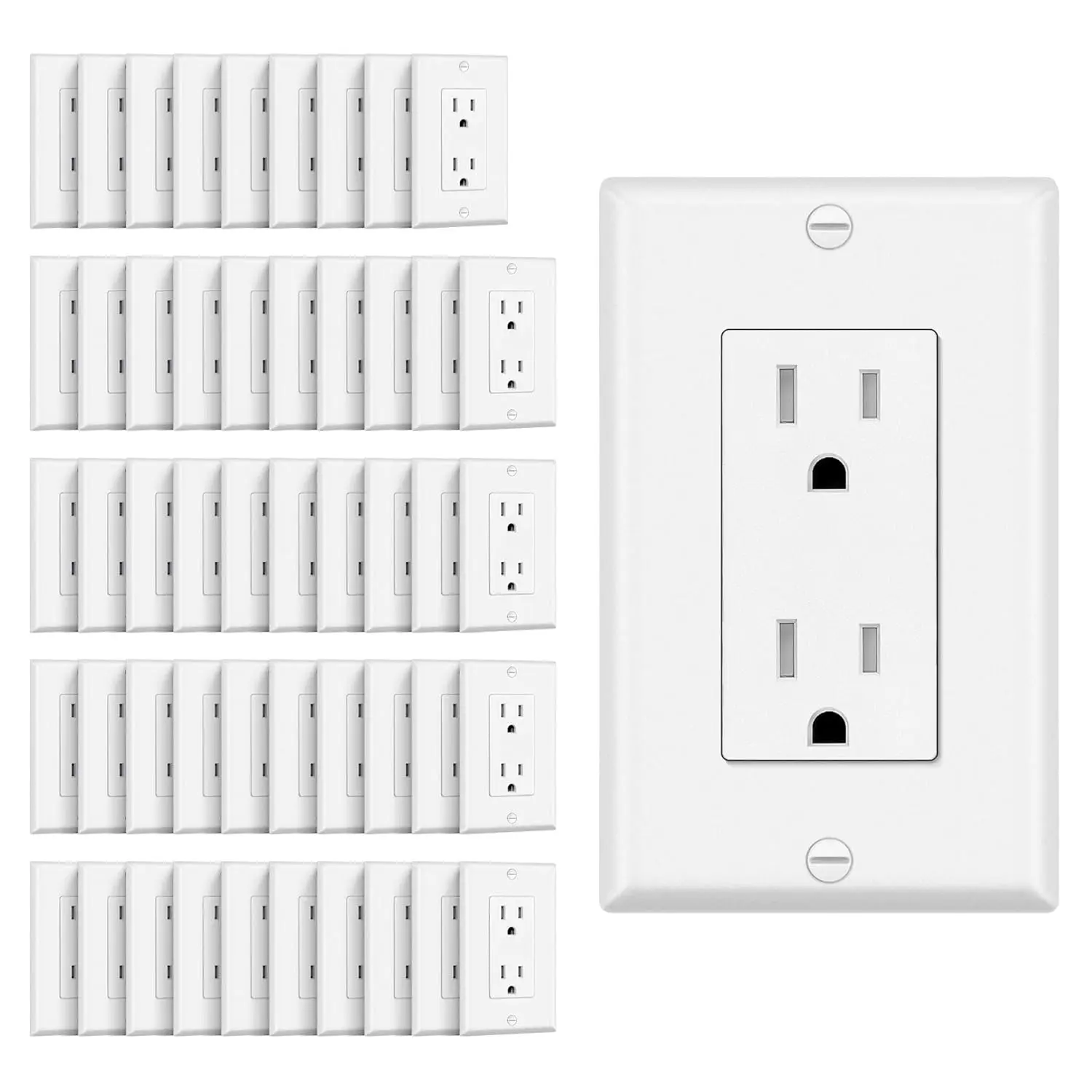 CML 50 Pack 15 Amp Tamper Resistant Receptacle Outlet, UL Listed |   Decorator Electrical Outlets, 15A/125V, NEMA 5-15R, Wall Plates Included, for Home, Office & Commercial Use, Matte White