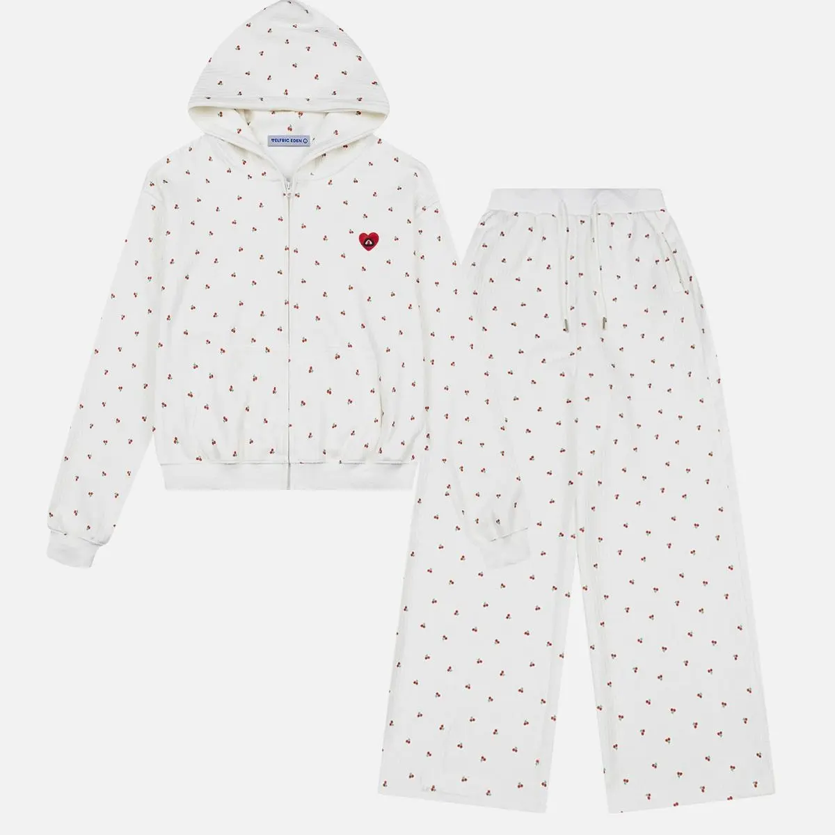 Aelfric Eden Cherry Print Zip Up Hoodie Wide Leg Pants Set All Over Fruit Graphic Relaxed Fit Y2K Cute Casual Lounge Two Piece Set for Women