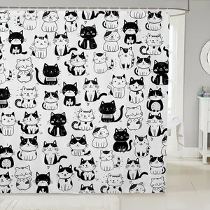 Feelyou Waterproof Cat Shower Curtain, 72"Wx72"L Cats Print Bath Curtain Set, Cute Kitten Cartoon Household Textile Bathroom Accessory, Washable Soft Furnishing, Waterproof Shower Curtain
