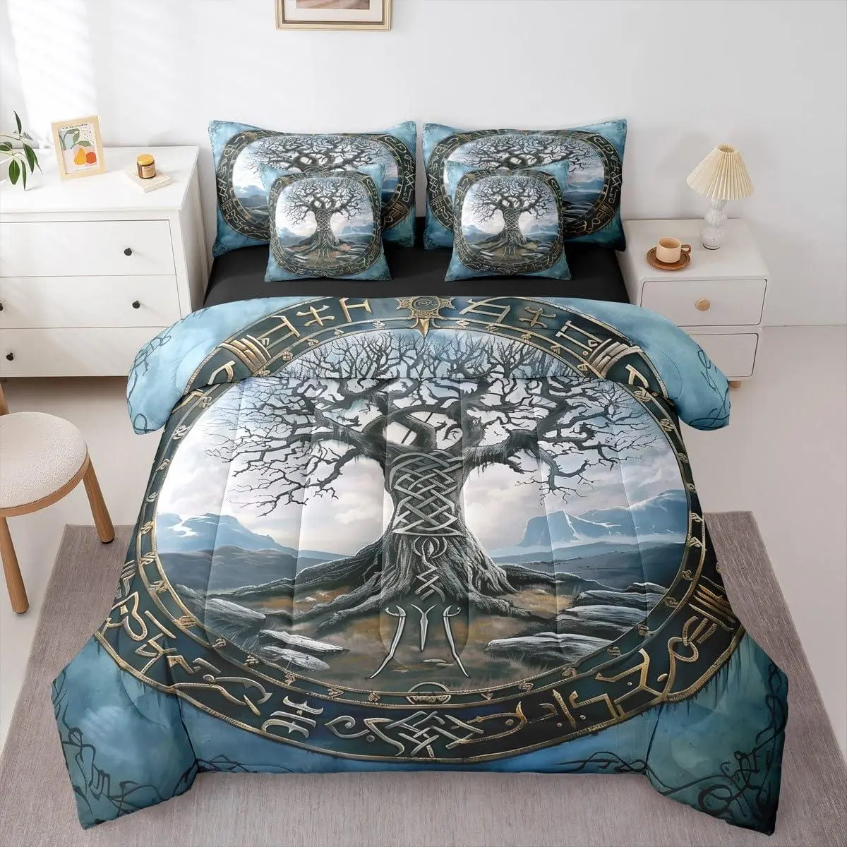 Ancient Norse Vi Comforter Set with Sheets Geometric Tree of Life 7-Piece Bedding Set Vintage Vi Tree Bed in a Bag Ethnic Tribal Nordic Style Bed Quilt Sets