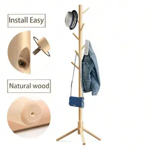 Natural Wooden Coat Rack Stand, Freestanding Wood Coat Tree with 8 Hooks, 3 Adjustable Heights for Kids & Adults, Fits Entryway, Bedroom, Office for Bags, Hats, Jackets