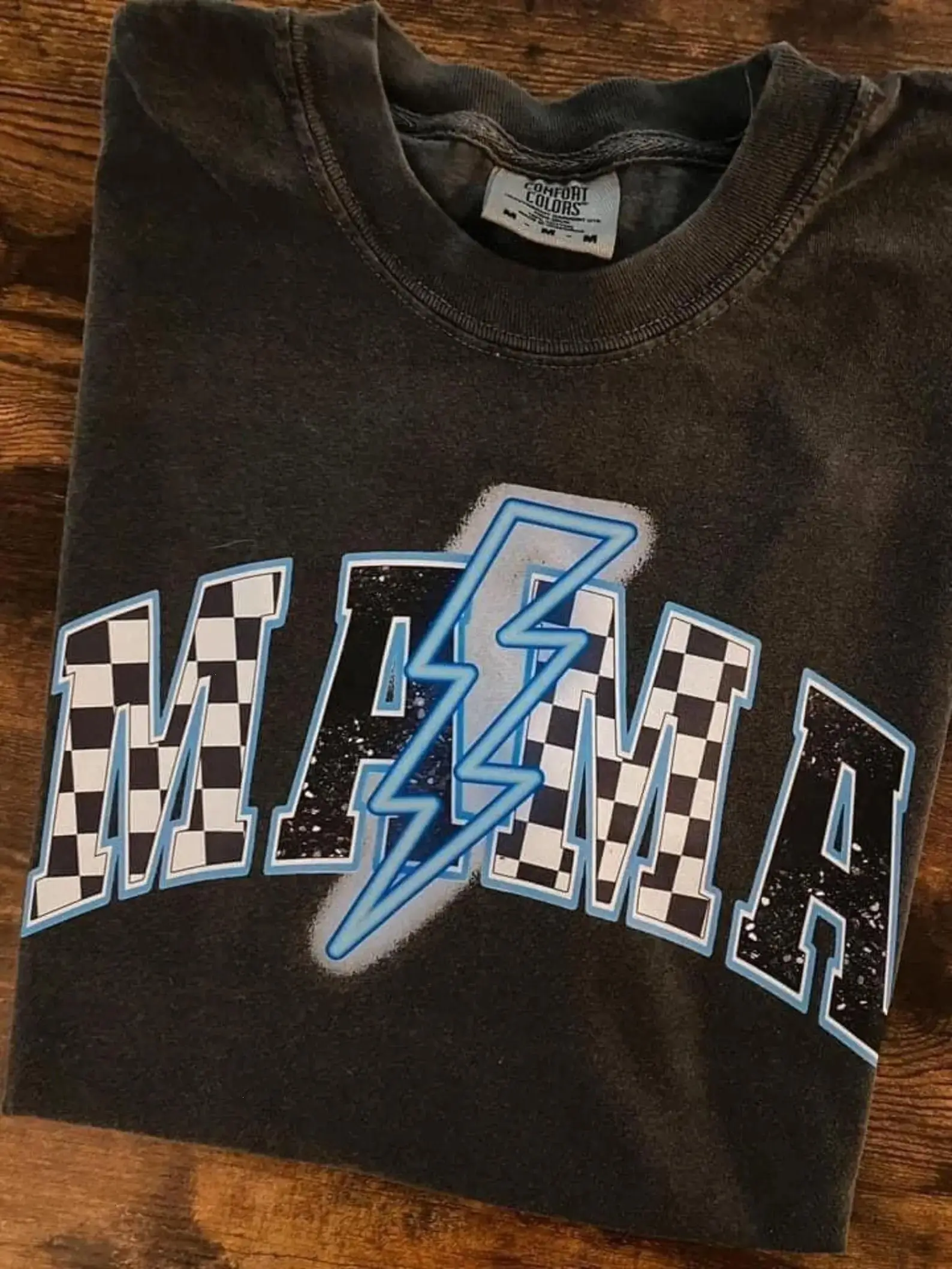 Comfort Colors Mama Varsity Shirt For Mom Life, Lightning Bolt Mama Checkered Mom Shirt Gift For Mom, Casual Unisex T-shirt, Apparel Made In The USA