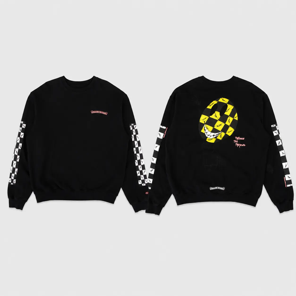 Checkerboard Smile Graphic Sweatshirt, Front Back Character Crewneck, Sleeve Print Streetwear Pullover, Alternative Graphic Sweatshirt