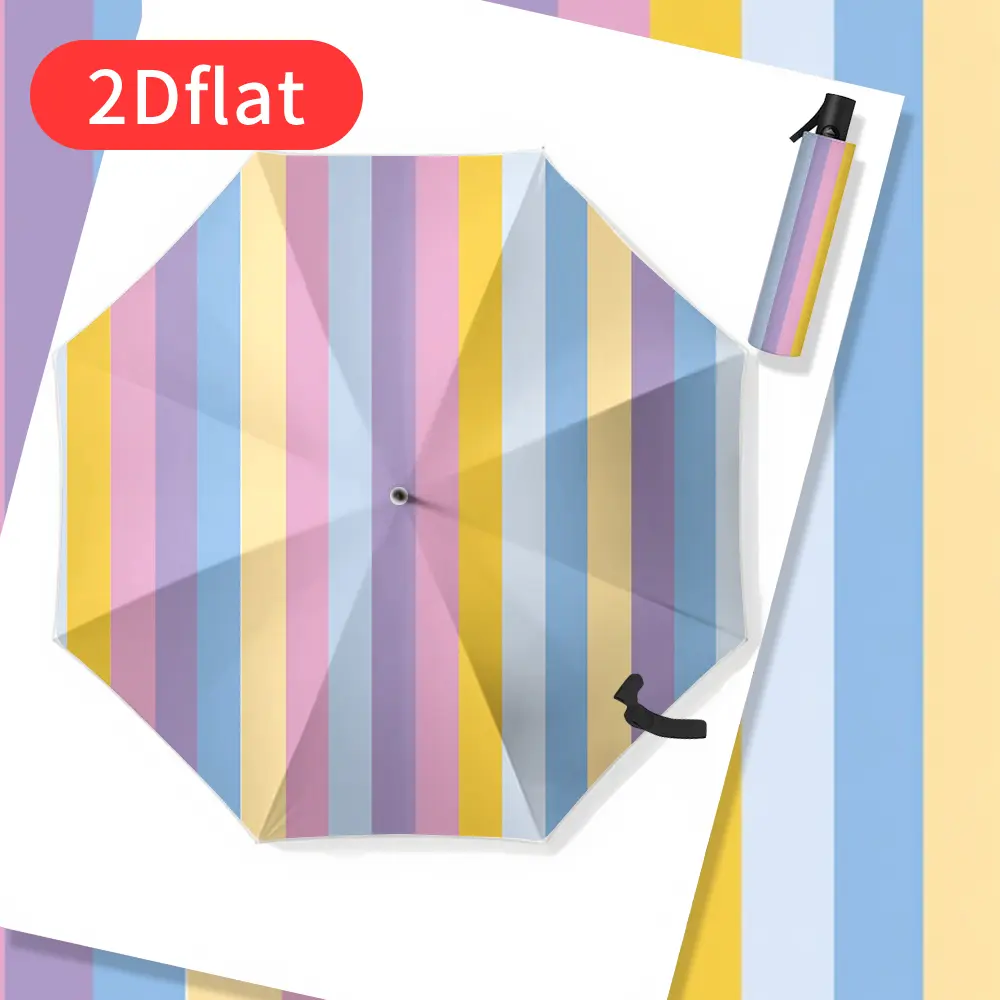A colorful striped folding umbrella – lightweight and portable with a 2D flat-print design featuring soft pink, purple, and blue stripes; ideal for travel, commuting, and casual everyday use; durable canopy made of