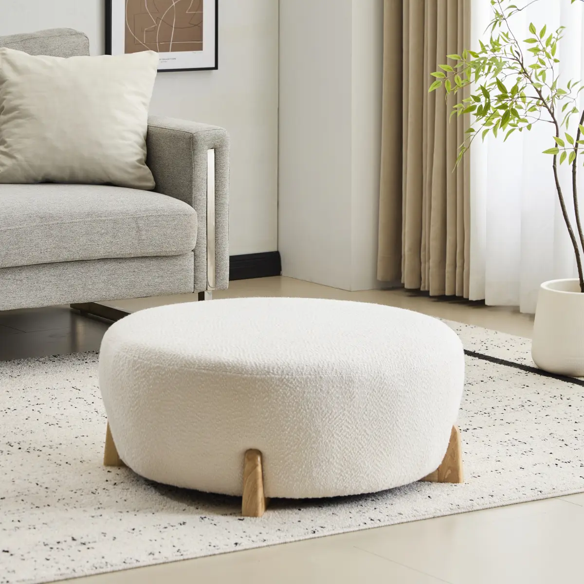 Classic Circular Ottoman Footrest - Boucle Fabric Top, Splayed Solid Wood Legs, White Indoor Accent Table Stool, Extra Occasional Seating, 31.50 in. x 31.50 in. x 14.00 in. Furniture Bench, Padded Seat