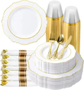 350 Piece Gold Dinnerware Set for 50 Guests Elegant Baroque Disposable Dinnerware for Weddings, Parties, 100, 50 Pre Rolled with Silverware, 50 Cups
