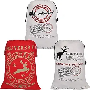 JOYIN 3 PCS Christmas Large Canvas Gift Bag 26" x 19", Drawstring Santa Burlap Sack Reusable Personalized Cloth Pouch for Xmas Presents Package, Party Supplies, Hoilday Decoration