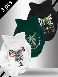 Men's Casual Loose Hooded Sweatshirt, Graphic Hoodies, Classic Letter Coconut Tree Print Fleece Pullover, Fall & Winter Long Fit Long Sleeve 3 Pack Hoodie Clothing Tops