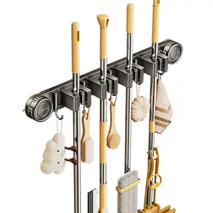 Aluminum Bathroom Suction Cup Mop Holder with Hook for Home Bathroom Toilet Door Back Broom Cloth Organizer Storage Rack