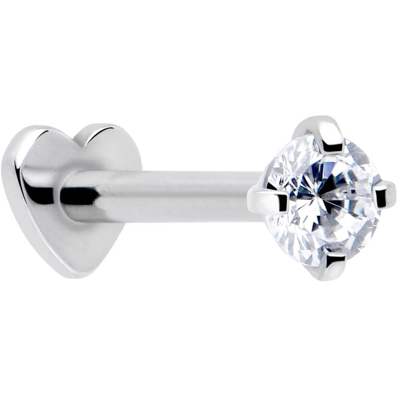 16 Gauge 5/16 Clear CZ Implant Grade Titanium Threadless Reversible Heart Flatback Stud