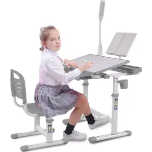 High end and high-quality Desk for Kids Desk and Chair Set Kids Art Desk Drafting Table Desk Set with Adjustable Height, 40-Degree Tiltable Children Desktop, LED Light, Bookstand, GrayPreschool Dining/Learning/Playing/Drawing/Eating/Game Set