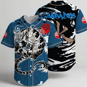 BaseMode Jerseys Blue Serpent Baseball Jersey Japanese Wave Anime Style Shirt Cool Unisex Graphic Top Loose-Fitting Bird Eye Mesh Fabric Full Button-Down Closure Customizable Design