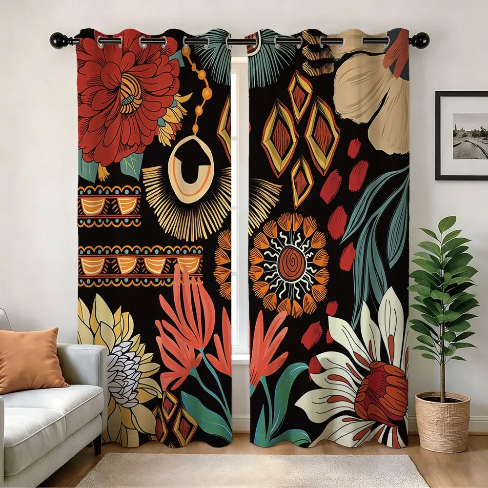 Colorful Floral Blackout Curtains, Boho Retro Groovy Hippie Funky Flowers Room Darkening, Modern Art Bedroom Living Room Decor Grommet Window Drapes 2 Panel