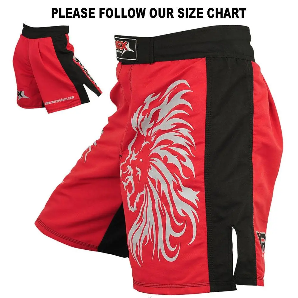 MRX Men's Taslan MMA Shorts, Mid-Thigh Fightwear for Martial Arts & Grappling with Flex Panels, Hook & Loop Closure & Black-Trimmed Waistband, Logo Print